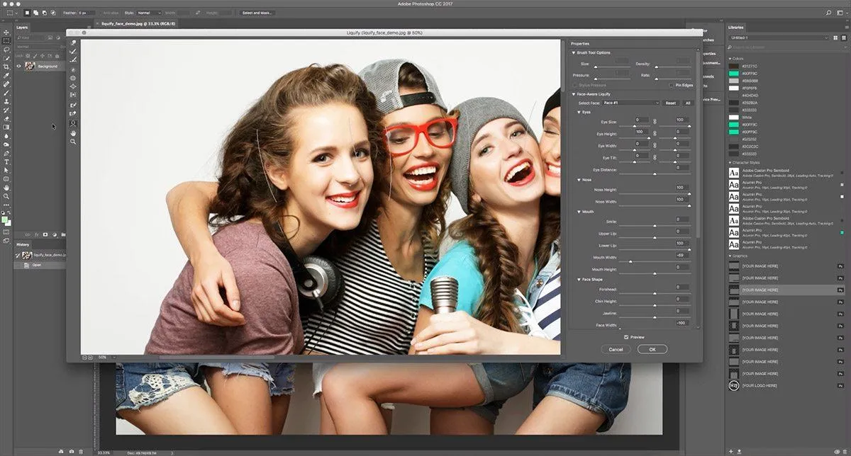Adobe Photoshop face-aware Liquify tools interface